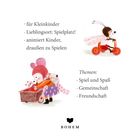 Text: für Kleinkinder, Lieblingsort: Spielplatz!, animiert Kinder, draußen zu spielen, Themen: Spiel und Spaß, Gemeinschaft, Freundschaft. 

Illustration: Ein Kind mit Mütze spielt, ein anderes fährt ein Dreirad. Unten ein Logo mit Bohem-Schriftzug.