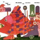 Illustration mit Text: „Ist es vielleicht der Vogel Paul?“ Bunte, fantasievolle Figuren mit großen Hüten und lachenden Gesichtern.