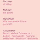 Texte: "der Zahn", "einsilbig", "die Zähne", "Wie werden die Zähne geputzt?", "Mund", "Kiefer", "Zahnwurzel". Pastelltöne und organische Formen.