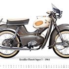 Kreidler Florett Super 5 – 1964. Ein klassisches Moped mit grauem Rahmen, beigefarbenem Sitz und verchromten Details. Text: April.