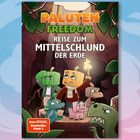 Titel: "Paluten Freedom: Reise zum Mittelschlund der Erde". Cartoon-Figuren in einer Höhle mit Blättern, Fackel leuchtet.
