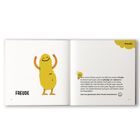 Text: "Freude" und "Lass uns gemeinsam deine Freude kennenlernen!" Ein fröhliches, gelbes, zotteliges Wesen reckt die Arme.