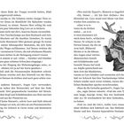 Seite 8 und 9 eines Buches mit Illustrationen. Ein Junge hält ängstlich eine Statue mit Geweih.