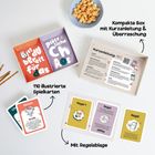 Box mit "Bist du bereit für das?" und "Plötzliche Chaos?" Karten. Dazu Schälchen Snacks, Spielanleitung, Kartenstapel.