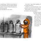 Texte: „Gar nichts?“, fragte Marik ungläubig. Illustration: Person im orangen Hoodie berührt Ägyptergefäße, regt Interesse an.