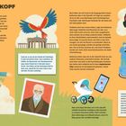 **Chips im Kopf**  
Text beschreibt Gedanken zu Sigmund Freud, Zukunft der Psychotherapie, und Einsatz von Gehirnchips, um Menschen zu unterstützen.  
Illustrationen: Eine Frau mit Buch, ein Papagei fliegt über das Brandenburger Tor, ein Gehirn, ein Roboter mit Babyschale.  
Farbige, cartoonartige Gestaltung.