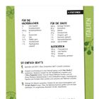 Rezept für 4 Portionen: Hackbällchen und Sauce, Anleitung in 3 Schritten, Kalorienangabe, Zubehör: Auflaufform. Links grüne Deko.