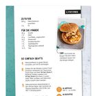 Rezept für 3 Portionen: Zutaten, Panade aus Gouda, Anleitung für Zubereitung, Tipp für Burger. Rechts Foto eines Burgers.