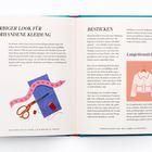 Farbiger Look für vorhandene Kleidung. Besticken. Langettenstich. Illustration von Stoff, Schere, Nadel und Faden.