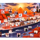 „KARNAK“ auf dem Schiffsdeck. Dampfer am Nil vor Sonnenuntergang, Menschen in Szenen, Pyramiden im Hintergrund.