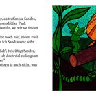 Textausschnitt. Neben dem Text: Illustration mit roter Schnecke, Tausendfüßler und grün-roter Figur auf Baumstamm.