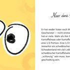"Nur eine 1/2 Portion." Gelber Hintergrund, zwei große, schwarze Augen schauen neugierig. Links Illustration, rechts Text.