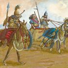 Illustration: Antike Krieger auf Pferden und in einem Streitwagen. Rüstungen und Waffen sind detailreich dargestellt.