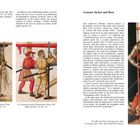 **Links:** "Armoury Inventory of Maximilian I from 1502, BSB Cod. icon. 222, fol. 72r." Zwei Personen, eine trägt eine gelbe Jacke.

**Mitte:** "Testimony book of Maximilian I from 1502, BSB Cod. icon. 222, fol. 73r." Drei Figuren in farbenfroher Kleidung.

**Rechts:** "Albrecht Dürer, Paumgartner Altar, St George, after 1503, Alte Pinakothek, Munich." Ein Mann in Rüstung mit einer Flagge.