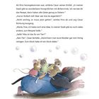 Oberer Text: Gespräch über Honigröllchen und Seife. Unten: Illustration von drei Mäusen auf einem Maulwurf. Luftblasen schweben.