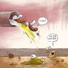 Figuren rufen "Huhu!" und "Da seid ihr da!" Fröhliche kleine Kothaufen mit Partyhüten und Getränken. Lustige Zeichnung.