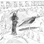 Eine surreale Szene mit bizarren Figuren, großem Käfer, knienden Gestalten und futuristischen Elementen in einer unwirklichen Umgebung.