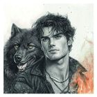 Ein Wolf und ein Mann mit wilden Haaren und Ketten, umgeben von Flammen. Illustrationsstil mit intensiven Details.