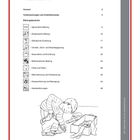 Inhaltsverzeichnis mit Bildungsbereichen. Darunter: Kind packt Kiste. Unten steht "Ein Heft, alles drin!".