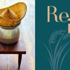 Re. is. Links: Ein gestapelter Korb und ein Topf auf einem Holzschemel. Rechts: Reisähren-Illustration auf grünem Hintergrund.