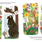 "Bitte nicht graben", "Klettern verboten", "Nicht die Blumen essen (danke)", "Kein lautes Singen, Piepsen oder Zwitschern". Ein Eichhörnchen trägt einen roten Schal, Tiere sind im Garten. Alles ist friedlich.