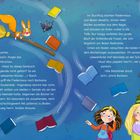 Zwei Mädchen und ein Eichhörnchen auf einem Besen. Bücher fliegen herum, während sie in Panik vor einer herabfallenden Bibliothek fliehen.