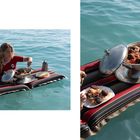 Eine Frau isst auf einer Luftmatratze im Wasser Spaghetti mit Fleischbällchen. Ein RW-Logo ist auf ihrem roten Shirt.