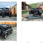 Text: "LAND", "CHAPTER 02", "LIFESTYLE". Schwarzer Geländewagen mit Ersatzrad, verschiedene Autoteile liegen daneben.