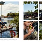 Text: "Der direkt an das Restaurant angrenzende Steg am Wasser bietet erweiterte Sitzgelegenheiten für das sonst kleine Lokal." 

Menschen sitzen und sonnen sich auf einem Steg am Wasser. Ein Boot ist zu sehen.