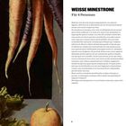 WEISSE MINESTRONE, Für 4 Personen. Zutaten. Links Illustration mit Karotten, Salat und Apfel. Rechts Textabsatz.