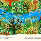 "Das Haus, in dem du wohnst. Dein Spielzeug und deine Schuhe. Alles, was du siehst, berührst, [...]". Bunte Landschaft mit Fluss, Bäumen, Tieren und Menschen.