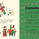 Einladung: Supernettes Fest, absolut ungruselig. Tee und Kekse, Mittwoch, Im Haus der Baroness. Links Figuren in bunten Outfits.