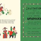 Texte: Einladung zu einer Supernetten und völlig Unschaurigen Party. Tee und Kekse. Wann: Mittwoch. Wo: Bei der Baronin.

Illustration: Links Baronin als Skelett in Hut, mit schaurigen Kreaturen. Rechts grüner Hintergrund mit Einladungstext.