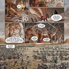 Panels zeigen Schlachtstrategie, mit Figuren auf einem Brett. Unten eine Schlachtszene mit Pferden und Kriegern.