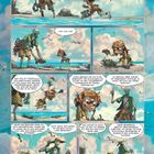 Comic-Seite: Ein Mädchen und ein Roboter am Strand, sammeln Dinge. Sie diskutieren über ihre Entdeckungen.