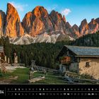 "Dolomiten 04" und "Dusler Alm, Villnöss". Kalender mit imposanten, rot beleuchteten Berggipfeln und Alm.