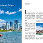 "48 Stunden in Calgary: Wasserspaß und Wolkenkratzer. Autor: Jörg Michel." Oben Skyline mit Fluss, unten Text über Calgary.