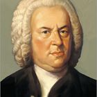 Text: Johann Sebastian Bach, 1685 - 1750. Illustration eines Mannes mit weißer Perücke und dunklem Mantel. Kalenderunterseite.