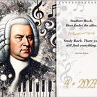 "Studiert Bach. Dort findet ihr alles." Illustration von Bach mit Musiknoten, Kalender für April 2027.