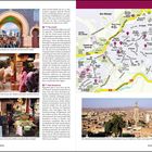Texte: 
- Fès el-Bali
- Bab Boujeloud
- Geduldig wartet ein Esel in den Gassen...
- Das große Bab Boujeloud verbindet die...
- Die Altstadt von Fès ist ein Gewirr...

Links Fotos mit Markt, Esel, Stadttor; rechts Karte von Fès.
