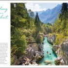 Texte: „Welche Entscheidung aus Mut hat mir später Freiheit gebracht?“; „Soča“.  
Landschaftsfoto mit türkisfarbenem Fluss in einer Schlucht, umgeben von Bäumen und Bergen.