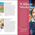 Links oben: "VEREINIGTES KÖNIGREICH Cambridge Wren Library". Darunter Text über Cambridge. Rechts groß "William Shakespeare". Unten: "VEREINIGTES KÖNIGREICH Stratford-upon-Avon". Links: Fotografie einer Bibliothek und eines Raumes. Rechts: Buntes Porträt von Shakespeare.