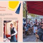 Cafés, Bistros & Brasserien. Text über traditionelle Pariser Gaststätten. Bild von einem Kellner und einer lebhaften Straßenszene.