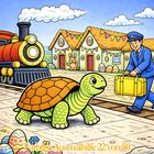 „Farbige Ausmalhilfe 22 von 50“. 

Ein Zug, eine fröhliche Schildkröte und ein Mann mit Koffer vor bunten Häuschen.