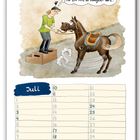 Comic mit Person und Pferd. Text: "Wenn er unter dem Reiter nur EIN MAL so beweglich wäre..." Monatsübersicht Juli.