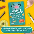 "Perfekt für Schule, Freizeit, Reisen oder als Bildschirm-Pause." Ein Rätselbuch mit Gehirnillustration und Hanteln.