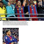 Szenen des Jubels. Eric Abidal hält den Champions-League-Pokal hoch, flankiert von jubelnden Teamkollegen. Lamine Yamal lächelnd im Trikot.