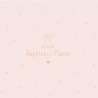 Text: "2027 mein Happiness-Planer" über einem Herzsymbol, strukturiert auf rosa Hintergrund mit kleinen Punkten.