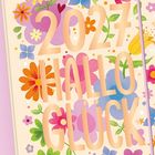 2027 HALLO GLÜCK. Farbenfrohe Illustration mit Blumen und grünen Blättern.