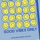 "GOOD VIBES ONLY. SCHÜLERKALENDER 2026/2027." Illustration von gelben Smileys auf blauem Hintergrund.